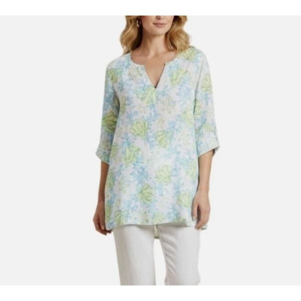 J Jill Love Linen Top Womens Medium Tropical Sea Turtle Tunic Hawaiian Beachy